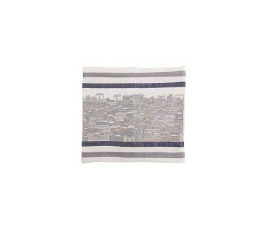 Tallit Bag Embroidered with Panoramic Jerusalem, Silver - Yair Emanuel