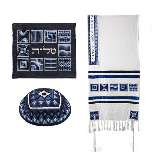 Tallit Kippah and Bag Set with Embroidered Squares and Shapes, Blue - Yair Emanuel