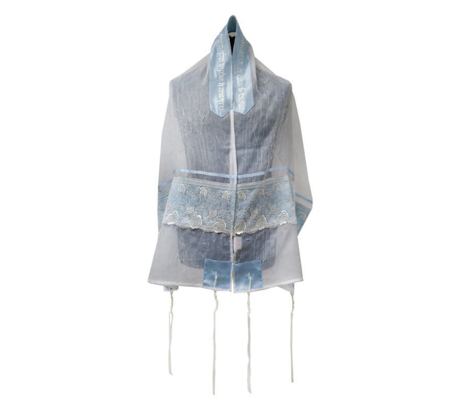 Tallit Prayer Shawl Set, Organza with Blue Floral Lace Decoration - Ronit Gur