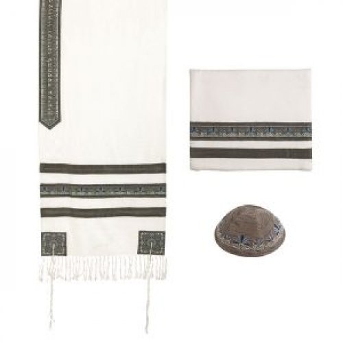 Tallit Set with Embroidered Decorative Stripes, Gray - Yair Emanuel