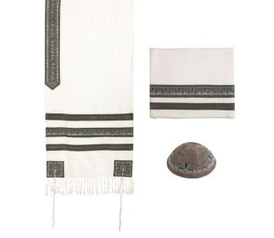 Tallit Set with Embroidered Decorative Stripes, Gray - Yair Emanuel