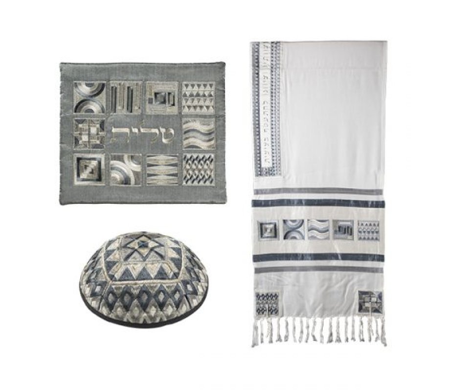 Tallit and Kippah and Bag with Embroidered Squares and Shapes, Blue - Yair Emanuel