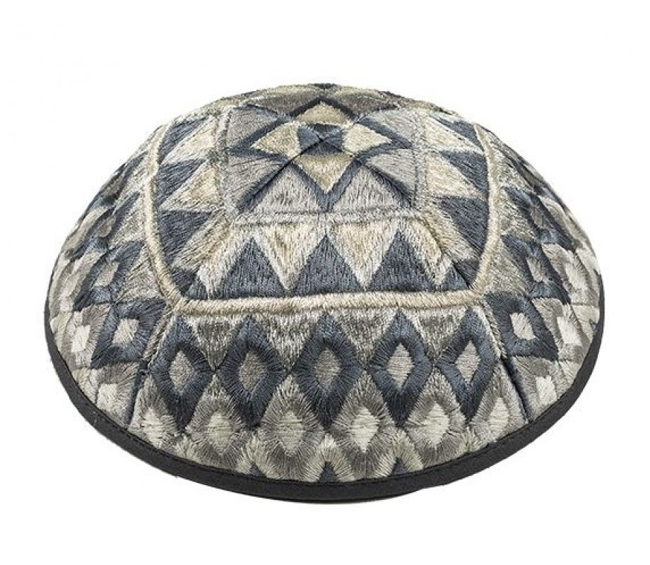 Tallit and Kippah and Bag with Embroidered Squares and Shapes, Blue - Yair Emanuel