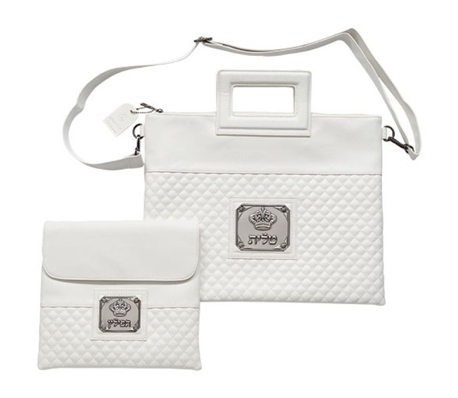 Tallit and Tefillin Bag, Decorative Plaque and Shoulder Strap - White Faux Leather