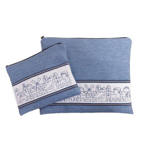 Tallit and Tefillin Bag Set, Blue Embroidered Jerusalem Design - Ronit Gur
