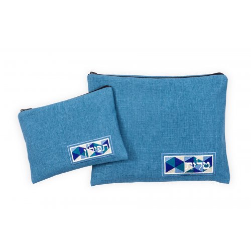 Tallit and Tefillin Bag Set, Blue Vitrage Linen Style - Ronit Gur