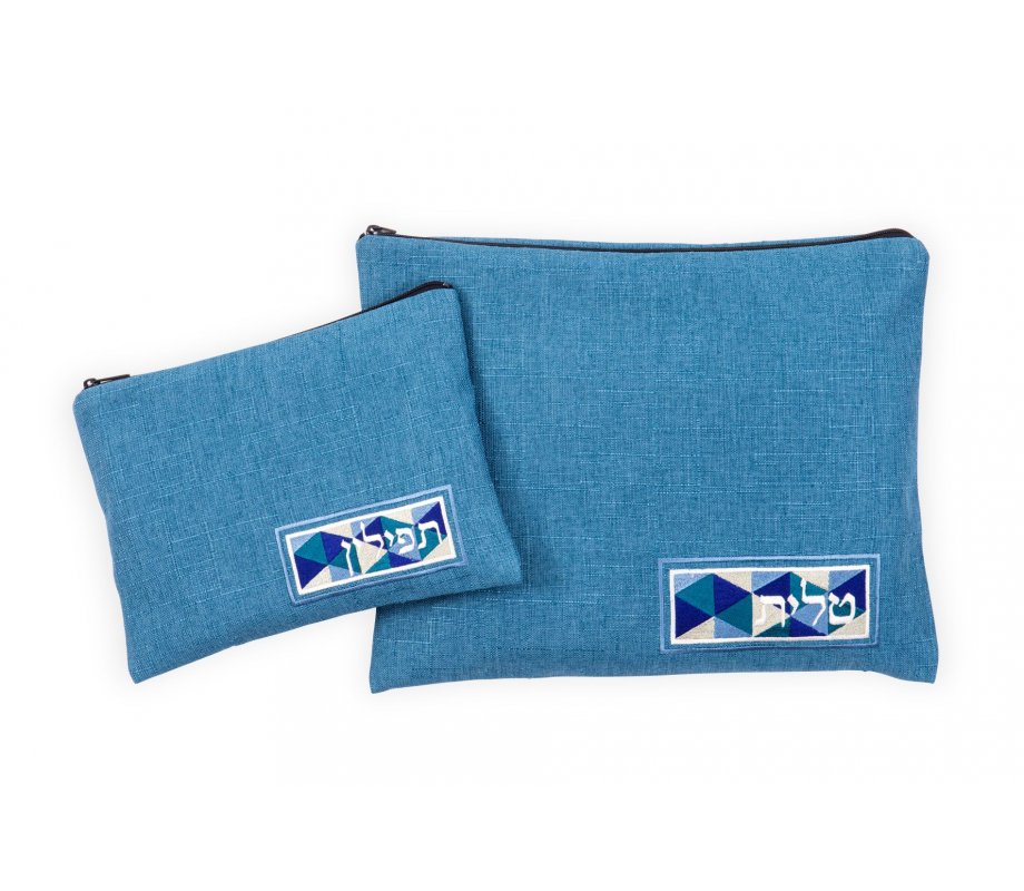 Tallit and Tefillin Bag Set, Blue Vitrage Linen Style - Ronit Gur