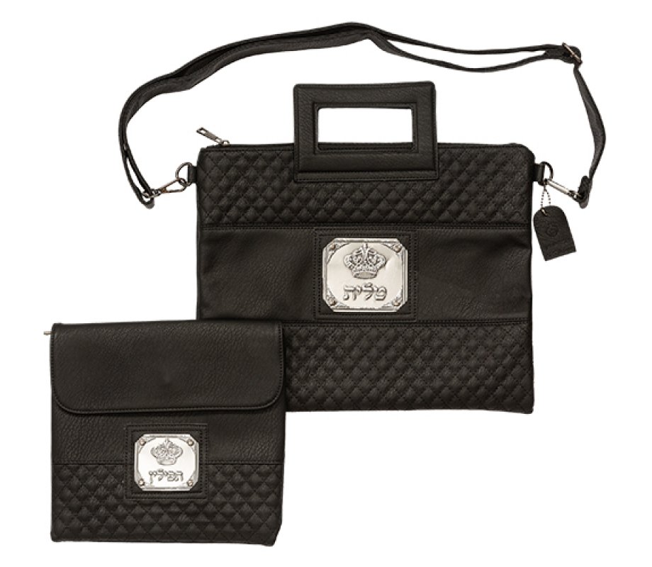 Tallit and Tefillin Bag Set, Decorative Plaque & Shoulder Strap – Black Faux Leather