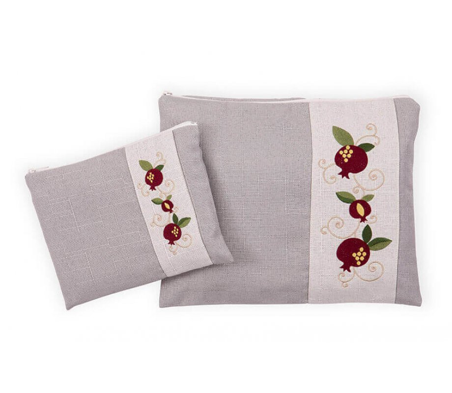 Tallit and Tefillin Bag Set, Embroidered Red Pomegranates on Gray - Ronit Gur