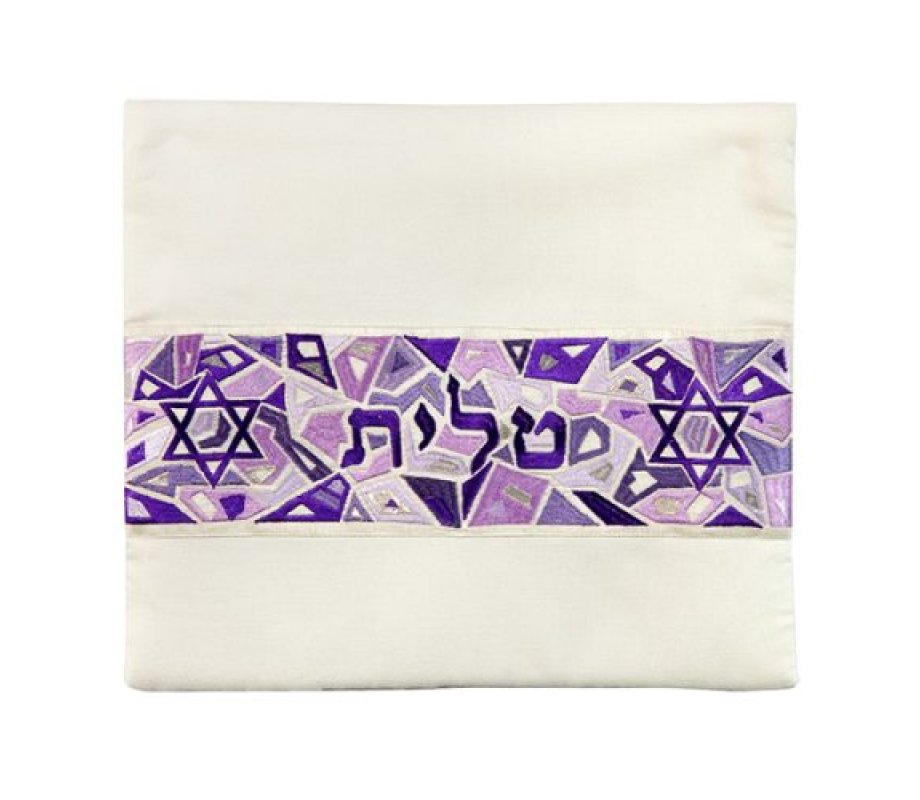 Tallit and Tefillin Bag Set, Star of Davids on Mosaic Design - Purple - Yair Emanuel