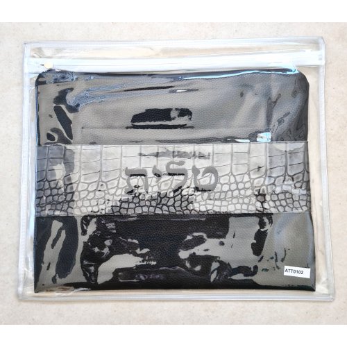 Tallit and Tefillin Bag Set, Two Tone Black and Gray Faux Leather - Crocodile Design