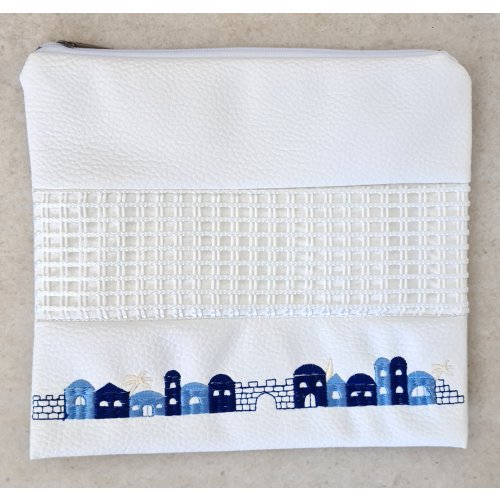 Tallit and Tefillin Bag Set, White Faux Leather - Embroidered Jerusalem Images