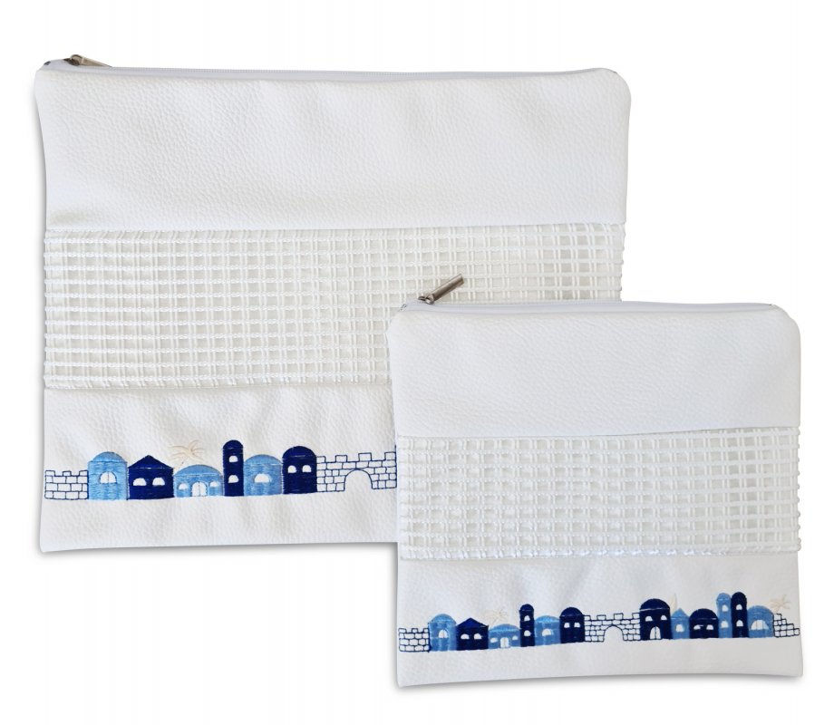 Tallit and Tefillin Bag Set, White Faux Leather - Embroidered Jerusalem Images