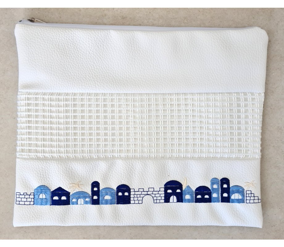 Tallit and Tefillin Bag Set, White Faux Leather - Embroidered Jerusalem Images