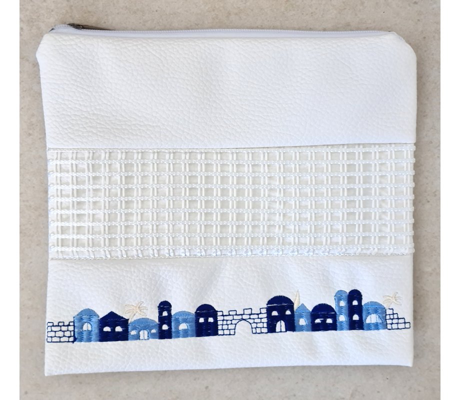 Tallit and Tefillin Bag Set, White Faux Leather - Embroidered Jerusalem Images