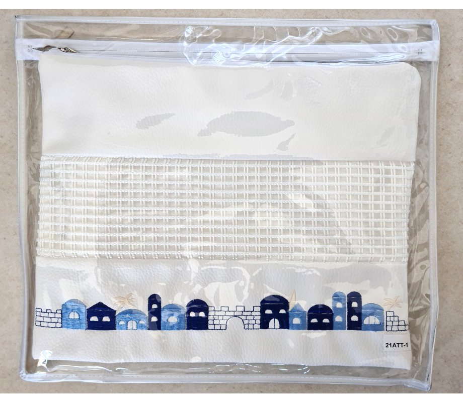 Tallit and Tefillin Bag Set, White Faux Leather - Embroidered Jerusalem Images