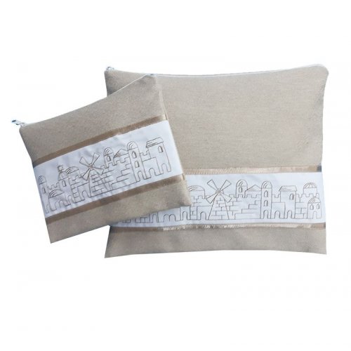 Tallit and Tefillin Bag Set with Embroidered Jerusalem, Beige - Ronit Gur