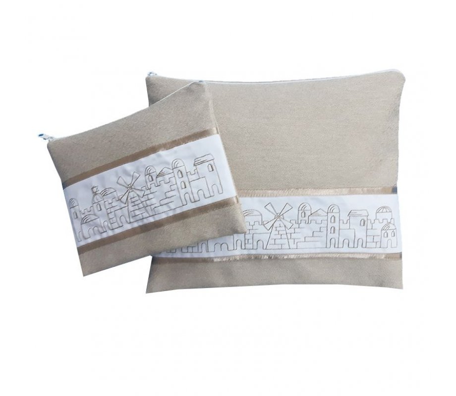 Tallit and Tefillin Bag Set with Embroidered Jerusalem, Beige - Ronit Gur