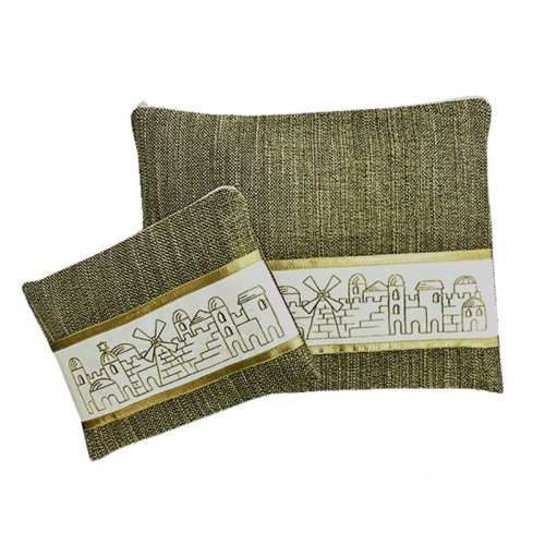 Tallit and Tefillin Bag Set with Embroidered Jerusalem, Green - Ronit Gur