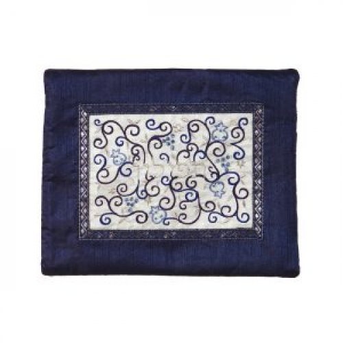 Tallit and Tefillin Bag Set with Embroidered Pomegranate Vines, Blue - Yair Emanuel
