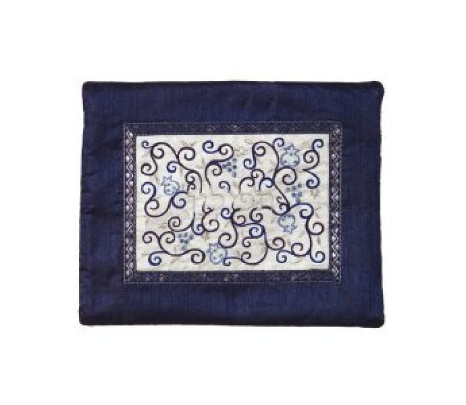 Tallit and Tefillin Bag Set with Embroidered Pomegranate Vines, Blue - Yair Emanuel