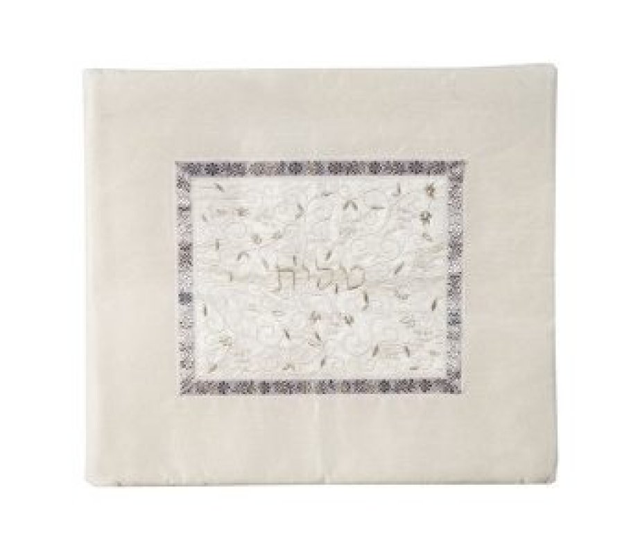 Tallit and Tefillin Bag Set with Embroidered Pomegranate Vines, Silver - Yair Emanuel
