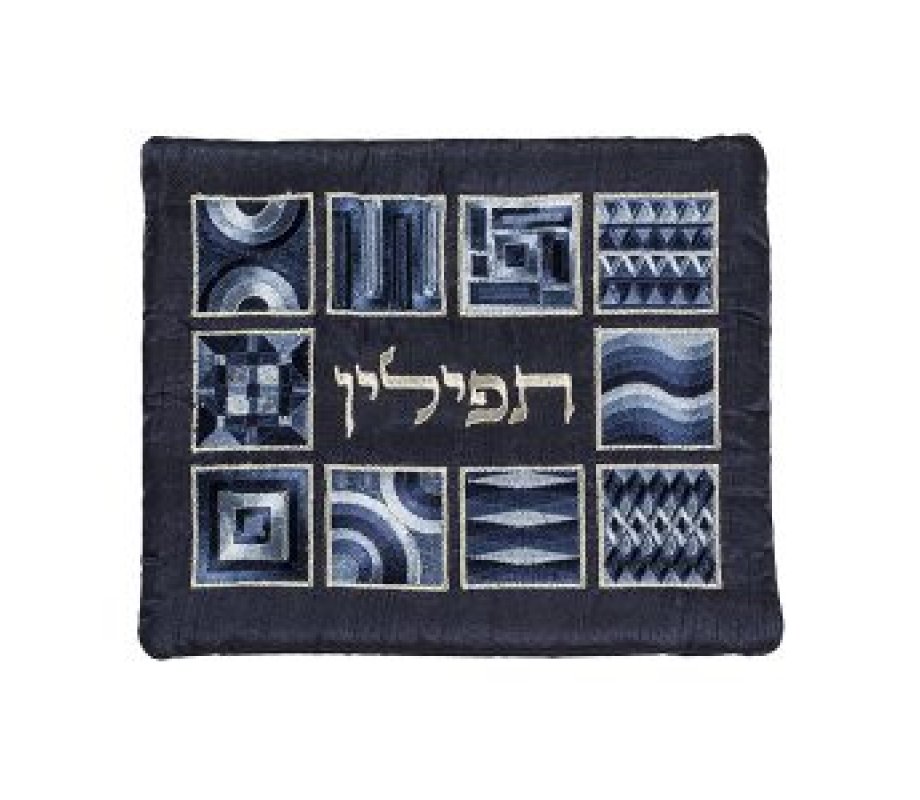 Tallit and Tefillin Bag Set with Embroidered Squares and Shapes, Blue - Yair Emanuel