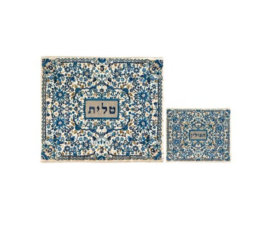 Tallit and Tefillin Bag Set with Full Embroidery, Blue Flowers - Yair Emanuel