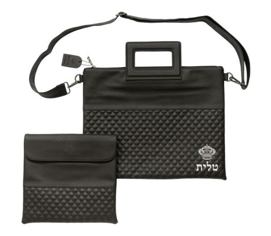Tallit and Tefillin Bag Set with Shoulder Strap and Crown Motif, Faux Leather - Black