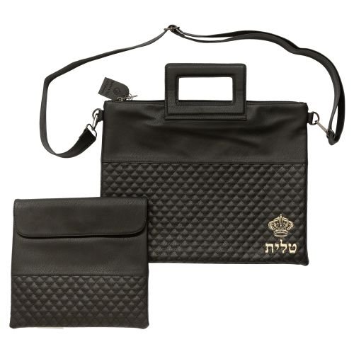 Tallit and Tefillin Bag Set with Shoulder Strap and Crown Motif, Faux Leather - Black