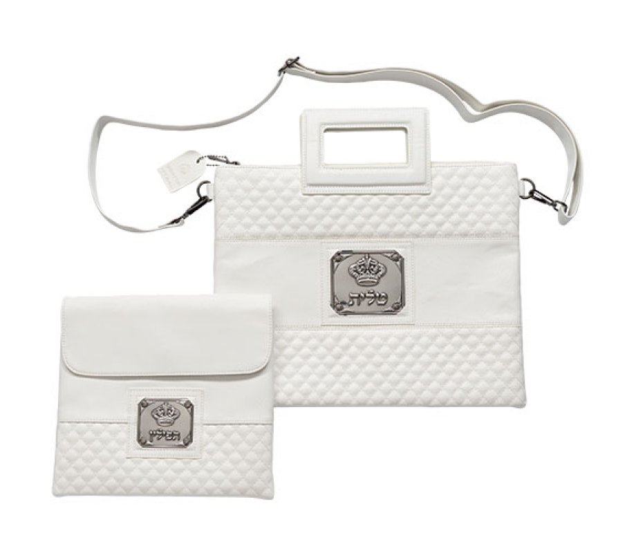 Tallit and Tefillin Bag Set with Shoulder Strap and Crown Motif, Faux Leather - White