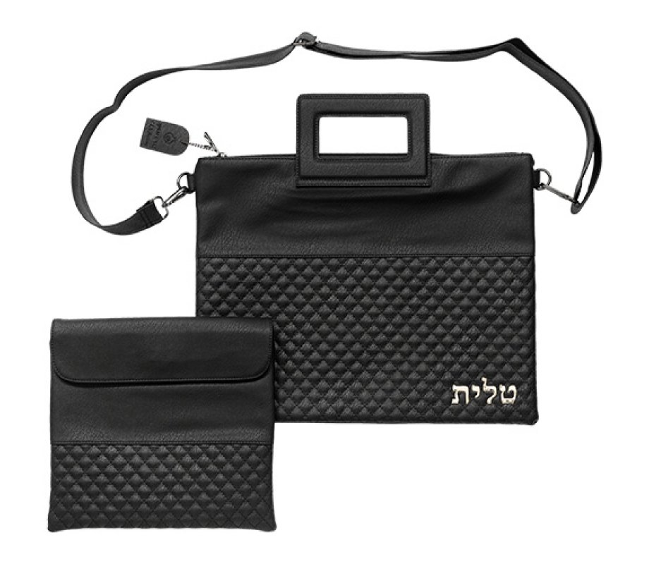 Tallit and Tefillin Bag Set with Shoulder Strap and Handle, Faux Leather – Black