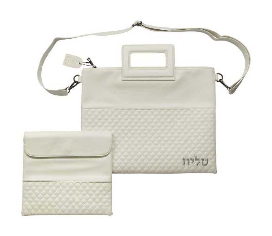Tallit and Tefillin Bag Set with Shoulder Strap and Handle, Faux Leather - White