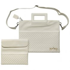 Tallit and Tefillin Bag Set with Shoulder Strap and Handle, Faux Leather - White