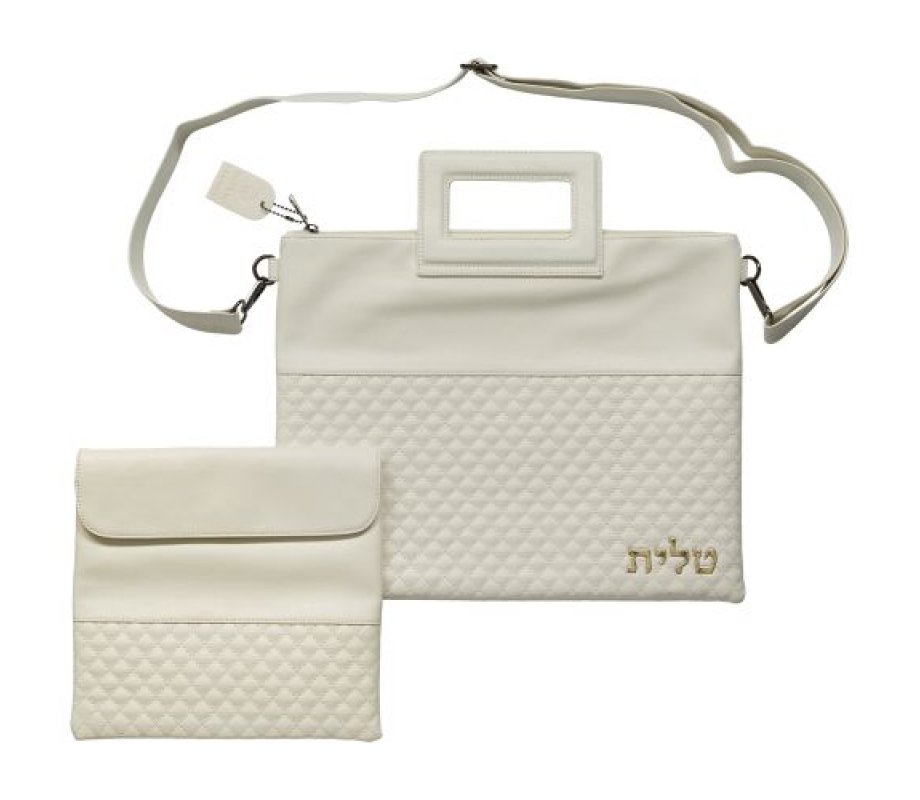 Tallit and Tefillin Bag Set with Shoulder Strap and Handle, Faux Leather - White