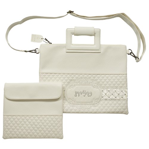 Tallit and Tefillin Bag, White Faux Leather with Shoulder Strap - Diamond Design