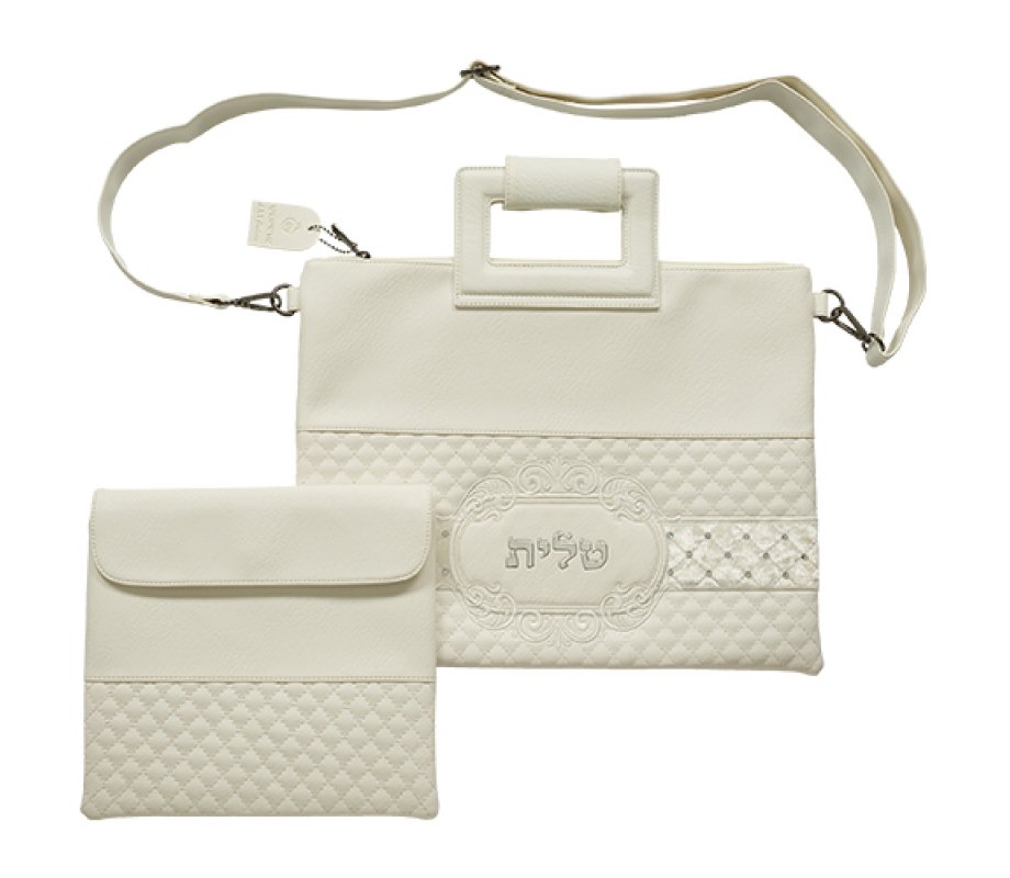 Tallit and Tefillin Bag, White Faux Leather with Shoulder Strap - Diamond Design