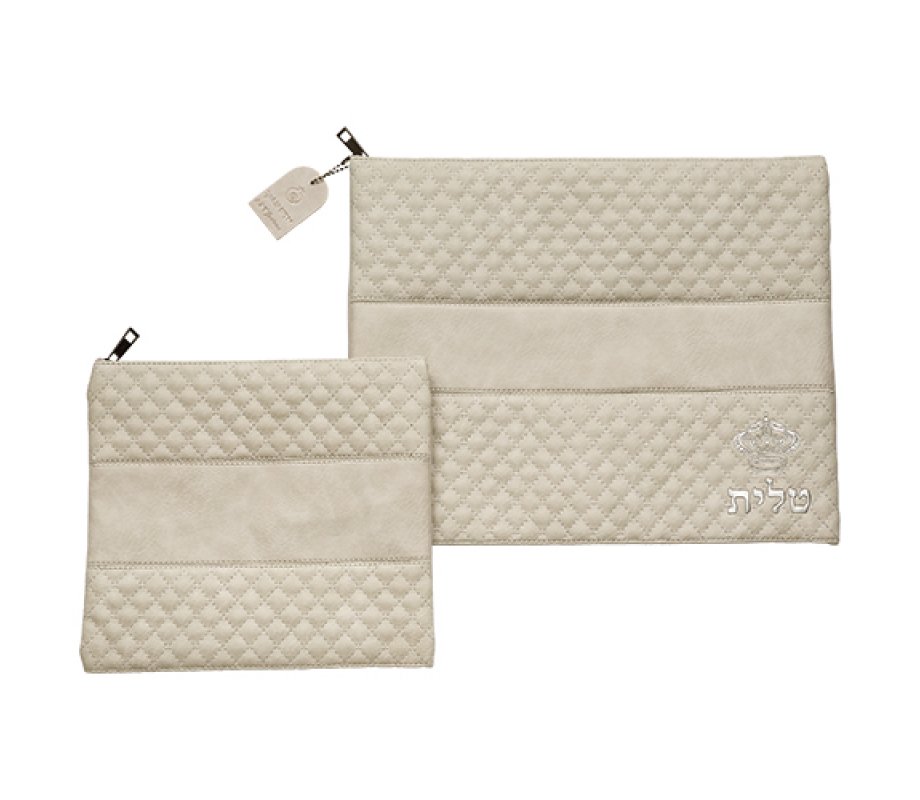 Tallit and Tefillin Bag in Gray Faux Leather, Embroidered Crown and Diamond Design