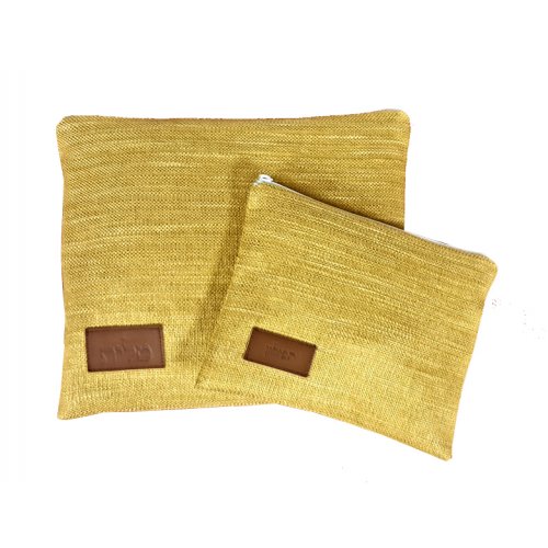 Tallit and Tefillin Bag in Woven Fabric with Leather Tag, Golden Yellow  Ronit Gur