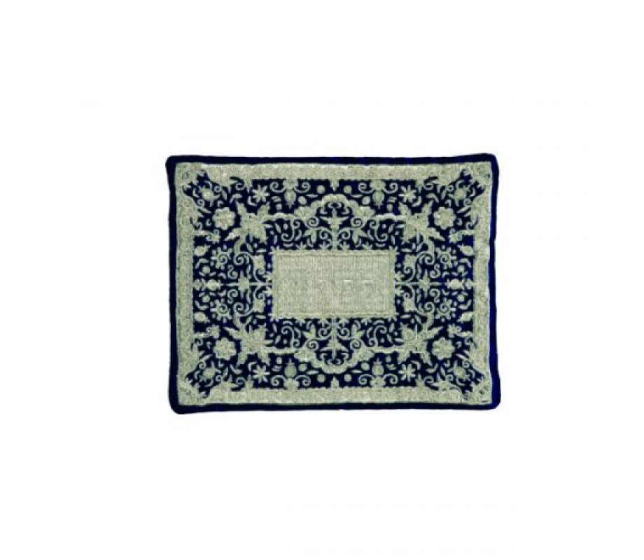 Tallit and Tefillin Bag with Full Embroidery, Silver and Blue Flowers - Yair Emanuel