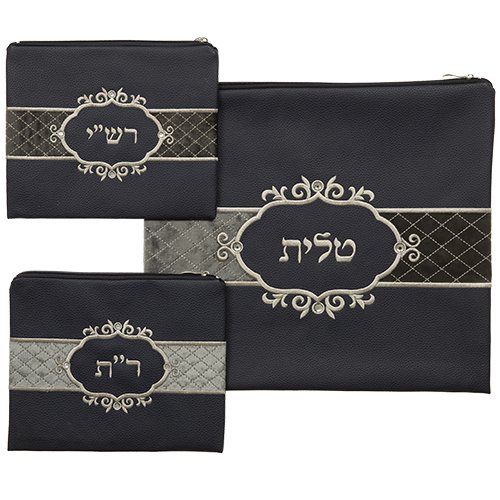 Tallit and Two Bags for Rashi and Rabbeinu Tam Tefillin  Dark Blue Faux Leather