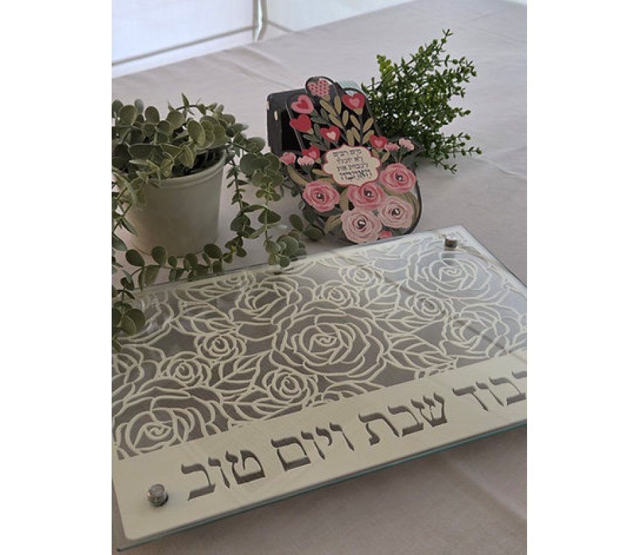 Tempered Glass Challah Board, Gray Floral Design - Dorit Judaica