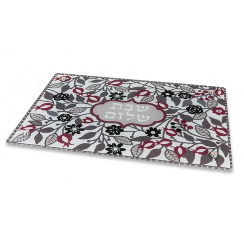 Tempered Glass Challah Board, Red Pomegranates with Shabbat Shalom - Dorit Judaica