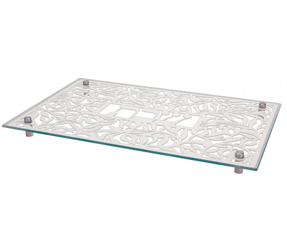 Tempered Glass Challah/Candlestick Tray, Pomegranate Design - Dorit Judaica
