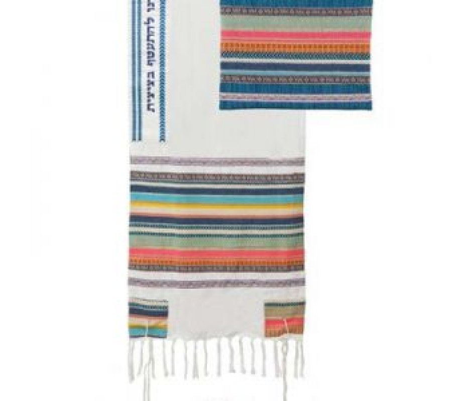 Three Piece Cotton Tallit Set with Appliques, Colorful Stripes - Yair Emanuel
