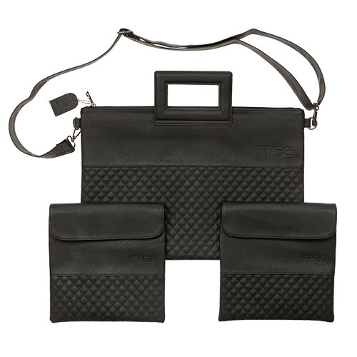 Three Piece Set, Tallit Bag with Strap & Two Tefillin Bags - Black Faux Leather