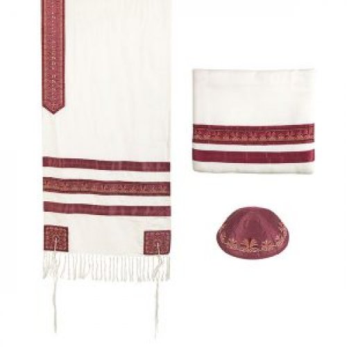 Three-Piece Tallit Bag Set with Embroidered Decorative Stripes, Maroon - Yair Emanuel