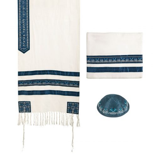 Three-Piece Tallit Set with Decorative Embroidered Stripes, Blue - Yair Emanuel