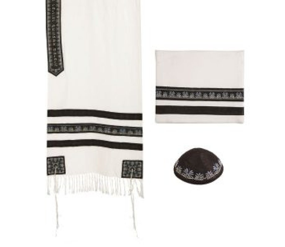 Three-Piece Tallit Set with Embroidered Decorative Black Stripes - Yair Emanuel