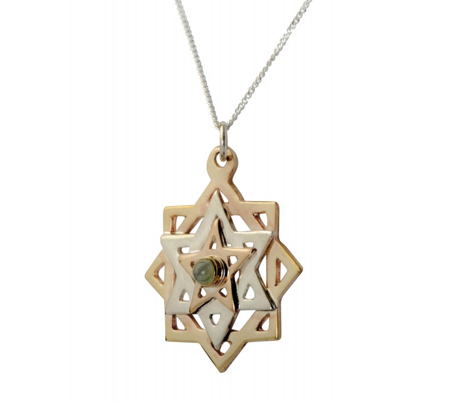 Tikun Hava Kabbalah Pendant Necklace, Three Stars in Gold, Silver and Gem - Ha'Ari